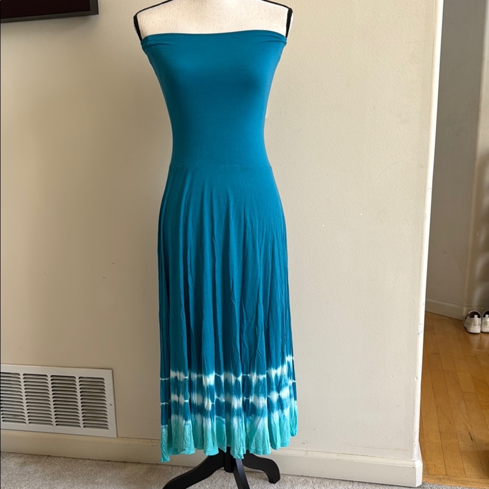 Teal Strapless Maxi Dress with Tie-Dye Hem